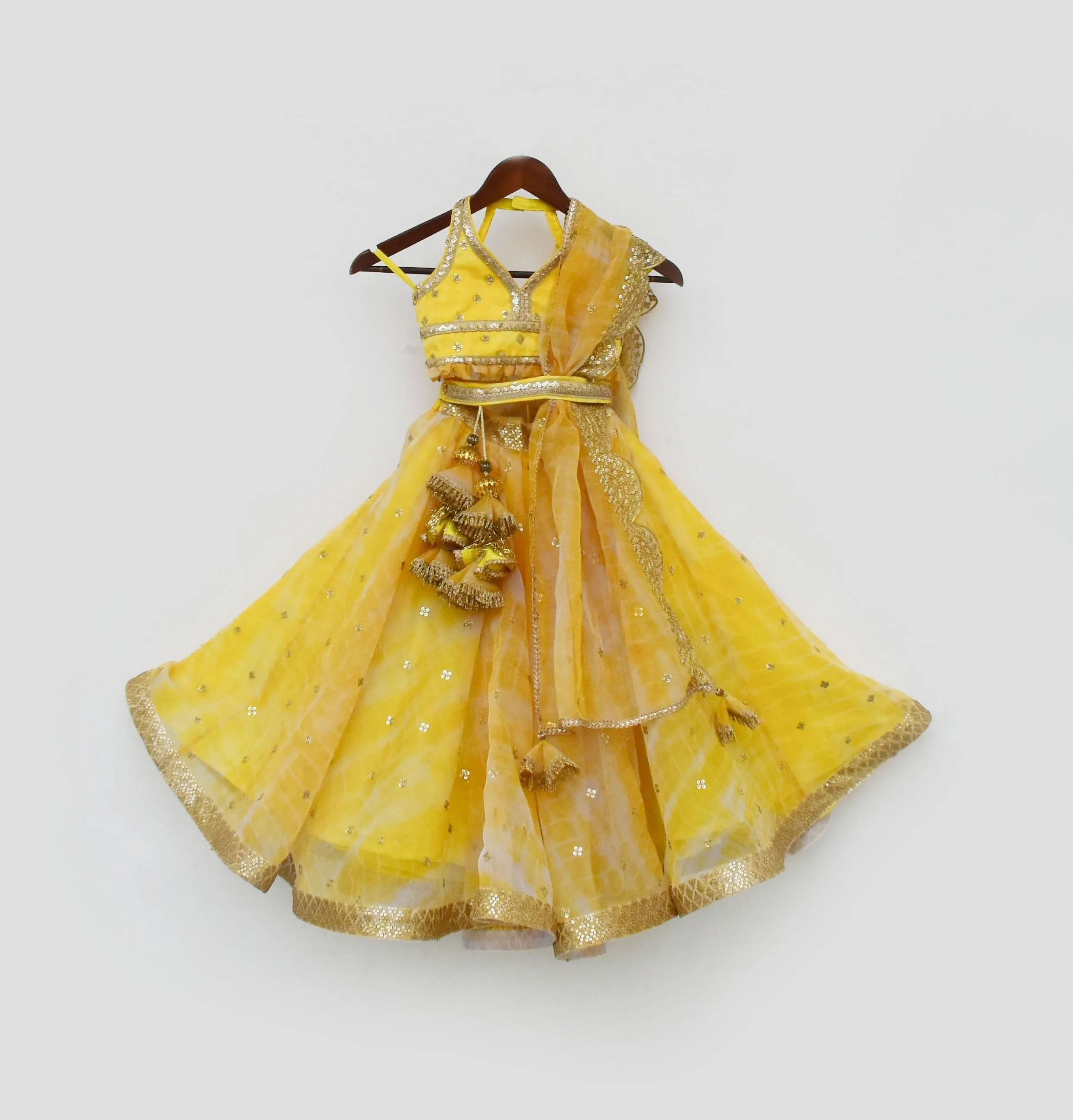 Pre Order: Yellow Printed Organza Lehenga Choli and Dupatta