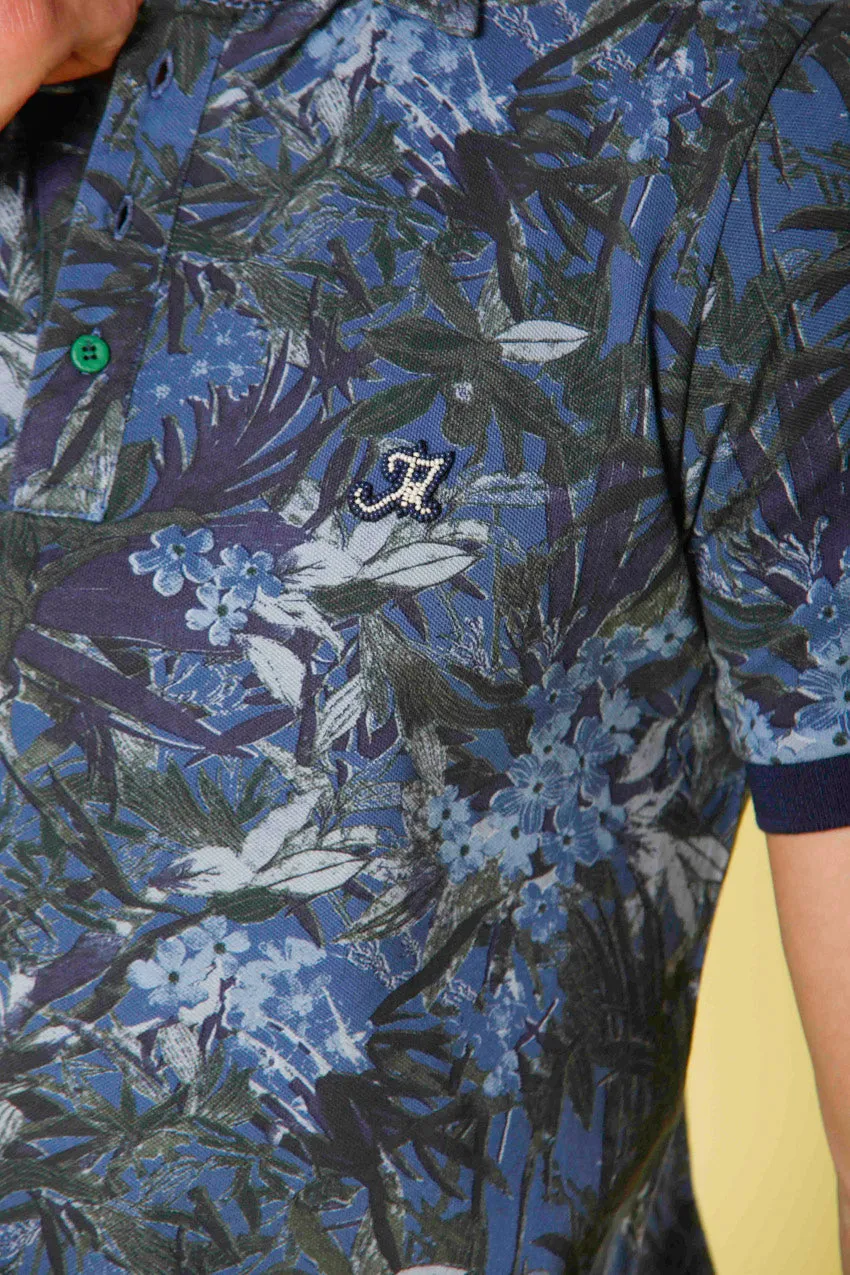 Print men's polo in piquet with green flower pattern regular