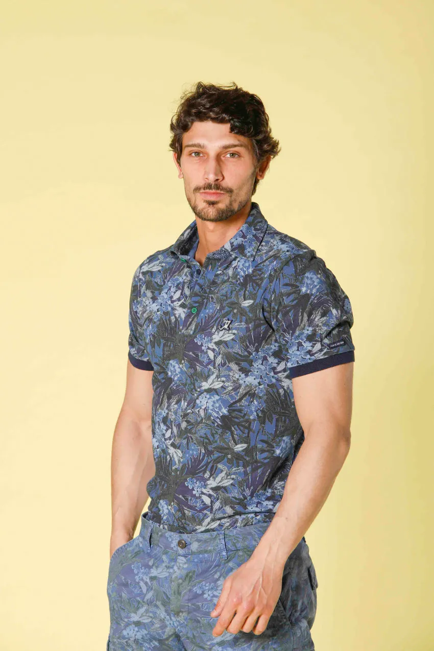 Print men's polo in piquet with green flower pattern regular