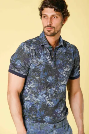 Print men's polo in piquet with green flower pattern regular