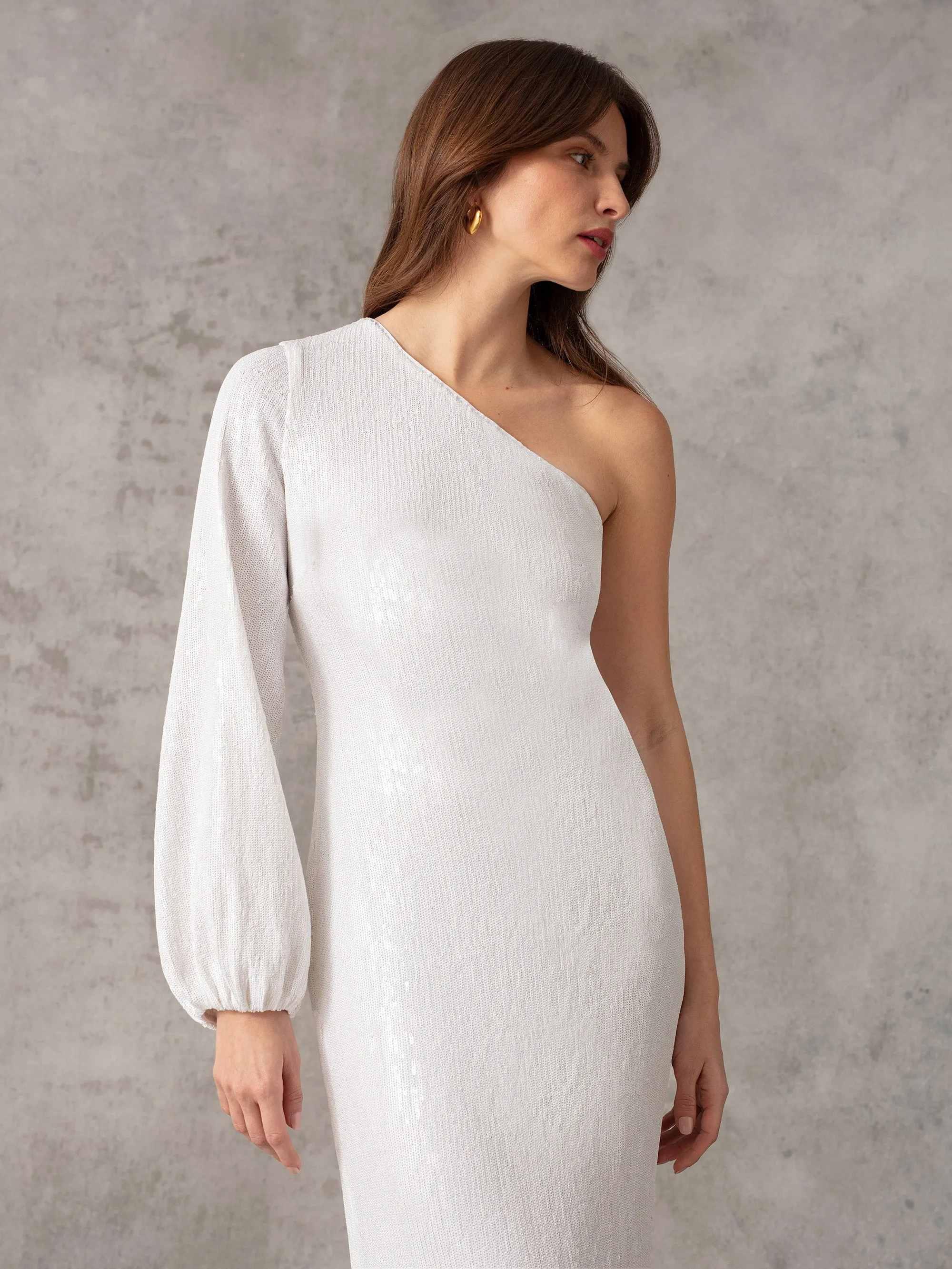 Selena White Sequin One Shoulder Midi Dress