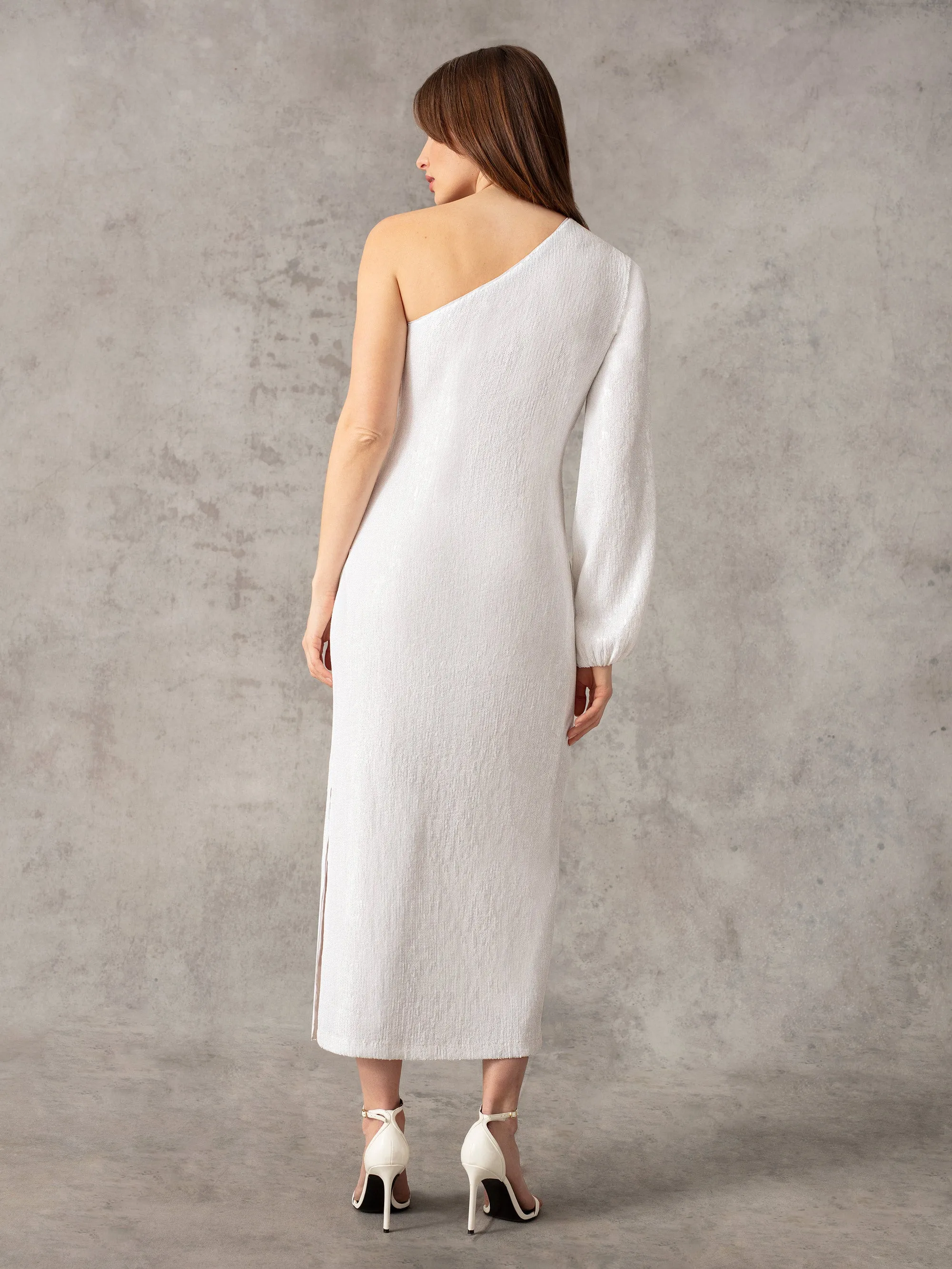 Selena White Sequin One Shoulder Midi Dress