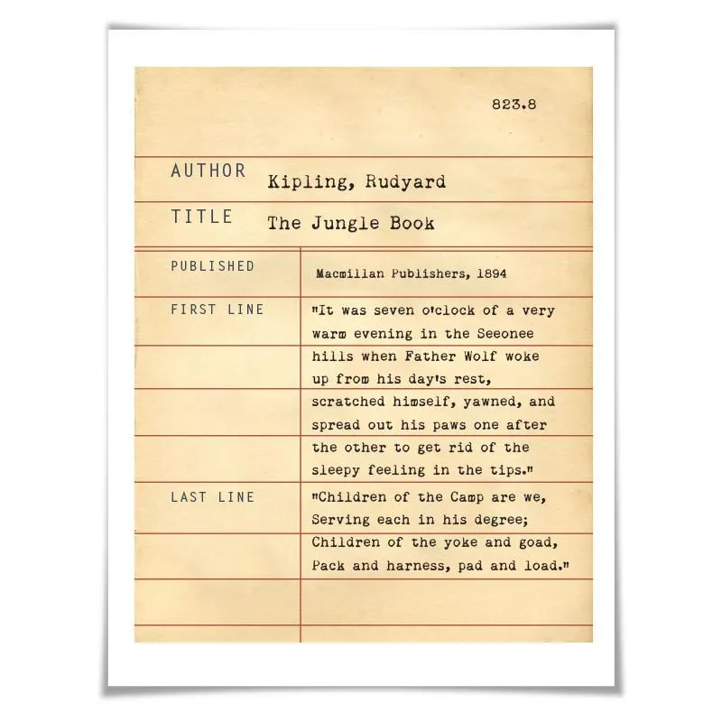 The Jungle Book Rudyard Kipling. Literary Art Print. 5 Sizes. Library Card. Book Lovers Gift. Literature