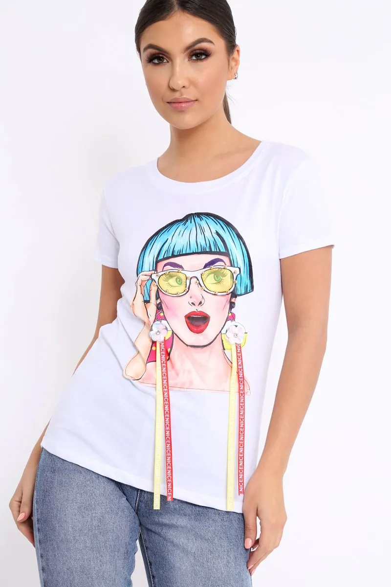 White Crew Neck Girls Face T-shirt with Tassels - Leacy