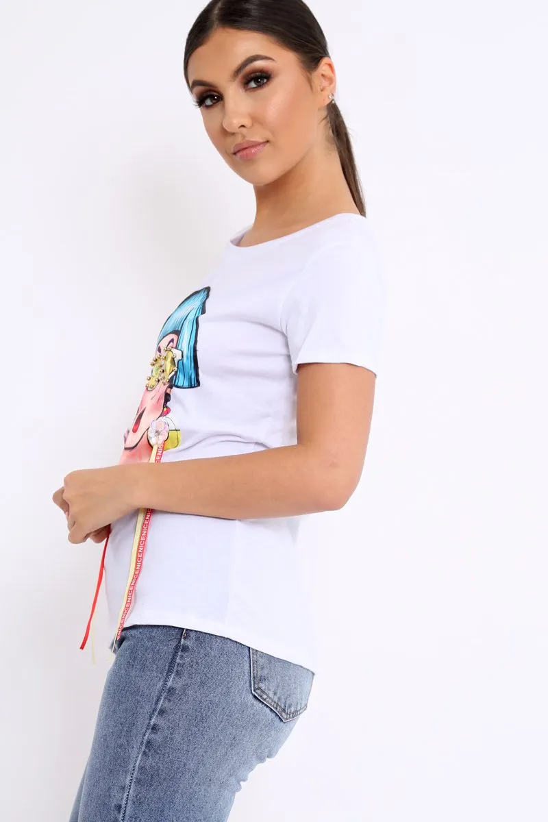 White Crew Neck Girls Face T-shirt with Tassels - Leacy